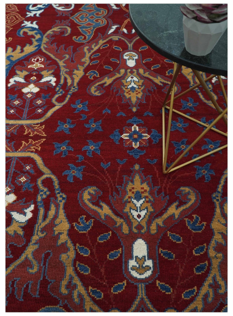 Hand Knotted Maroon, Blue And Beige Traditional Pattern 8x10 Wool Area Rug - The Rug Decor