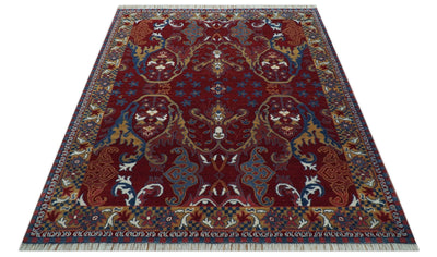 Hand Knotted Maroon, Blue And Beige Traditional Pattern 8x10 Wool Area Rug - The Rug Decor