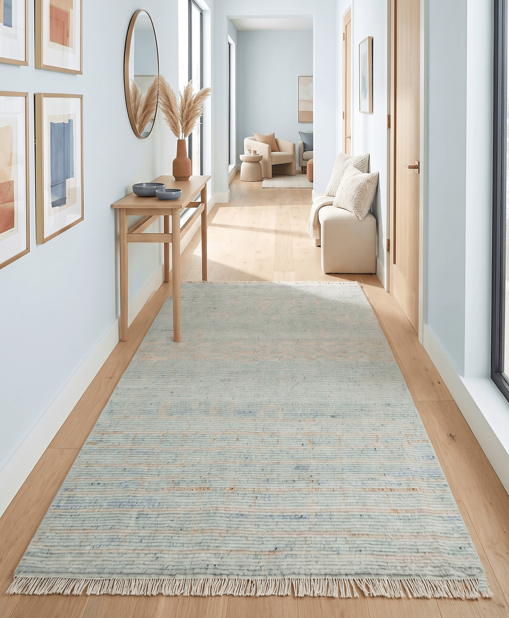 Hand Knotted Modern Abstract Blue and Peach Trellis Moroccan Blended Wool Area Rug - The Rug Decor
