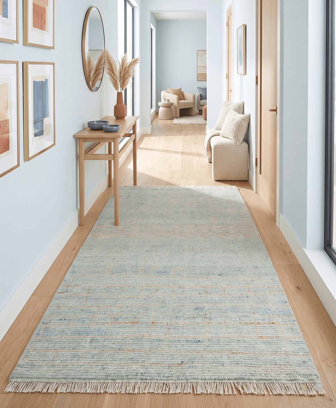 Hand Knotted Modern Abstract Blue and Peach Trellis Moroccan Blended Wool Area Rug - The Rug Decor