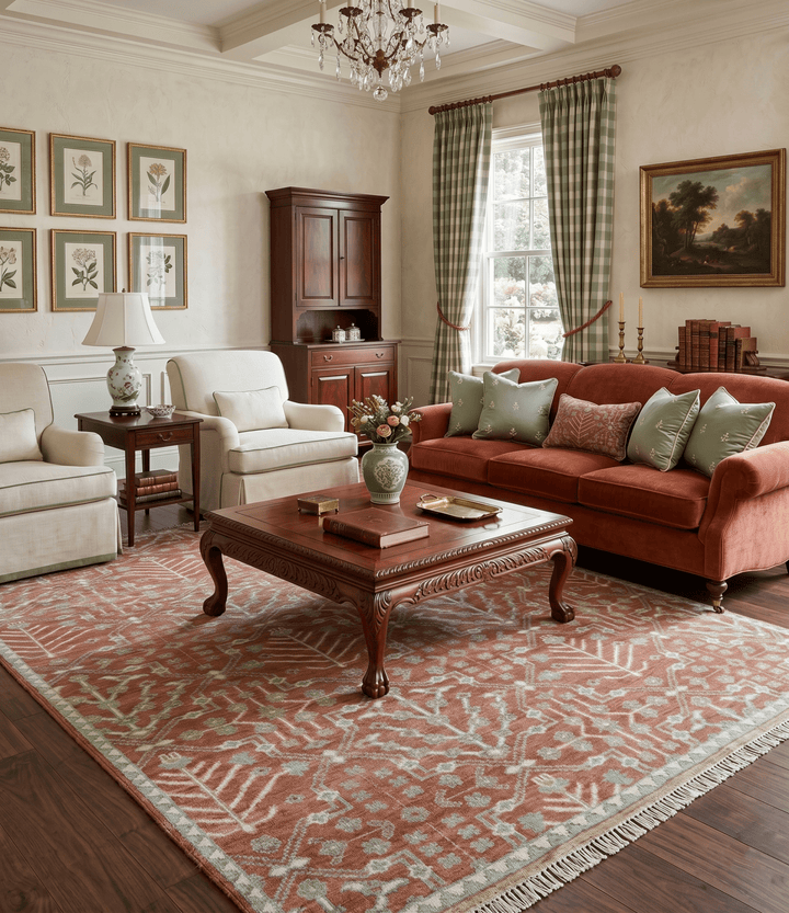 Hand knotted Multi Size Rust and Aqua Floral wool Area Rug - The Rug Decor