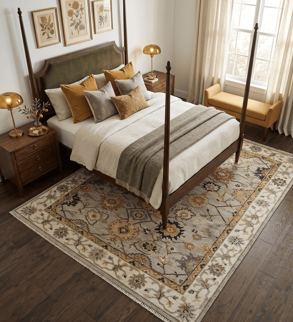 Hand Knotted Mustard and Ivory Traditional Oriental Oushak Custom Made Wool area Rug - The Rug Decor
