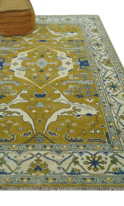 Hand Knotted Mustard, Ivory and Blue Traditional Oriental Oushak 6x9 wool area rug - The Rug Decor