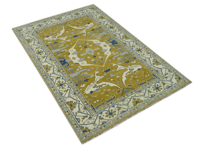 Hand Knotted Mustard, Ivory and Blue Traditional Oriental Oushak 6x9 wool area rug - The Rug Decor