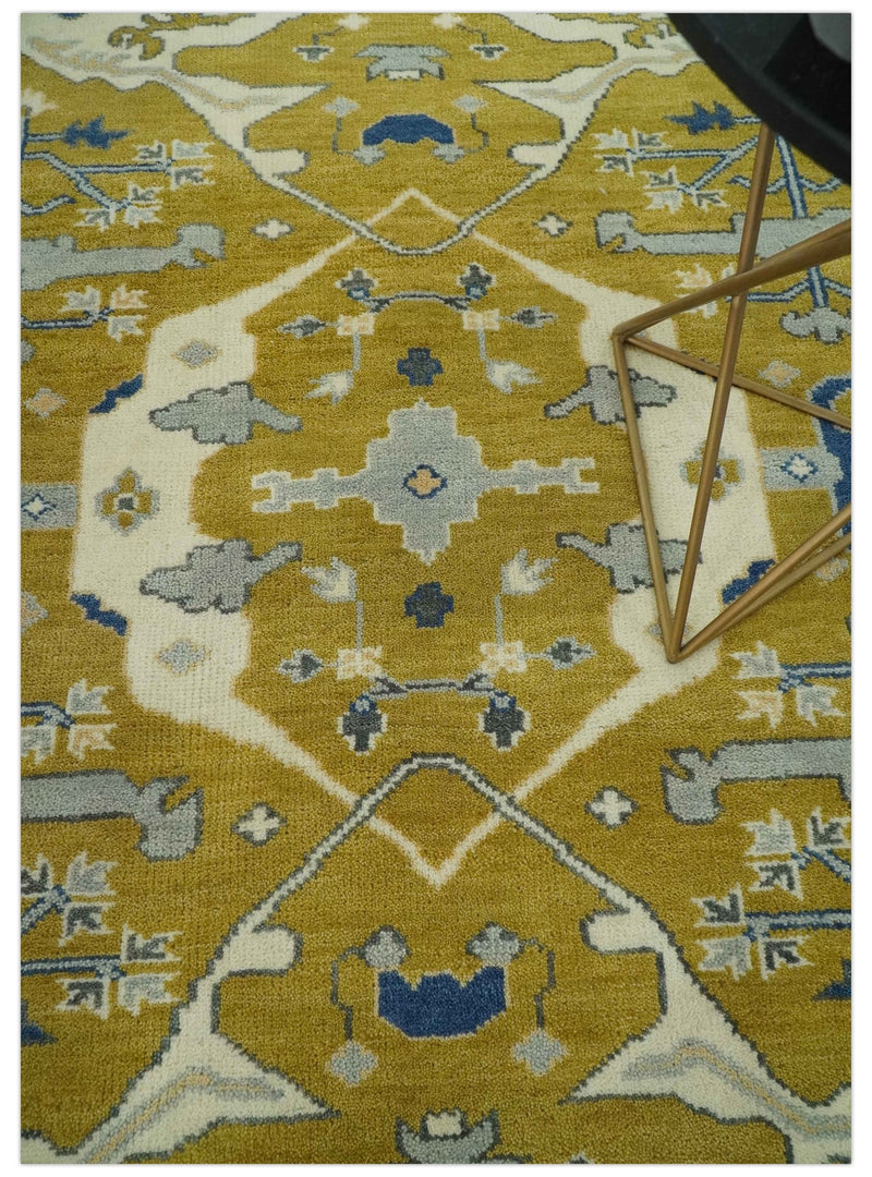 Hand Knotted Mustard, Ivory and Blue Traditional Oriental Oushak 6x9 wool area rug - The Rug Decor