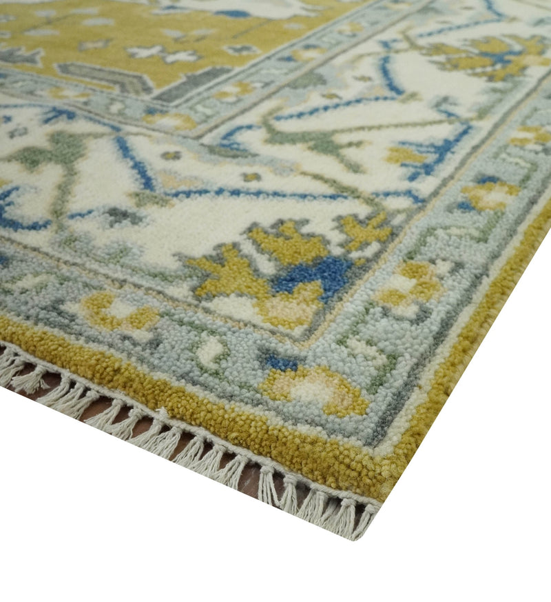 Hand Knotted Mustard, Ivory and Blue Traditional Oriental Oushak 6x9 wool area rug - The Rug Decor