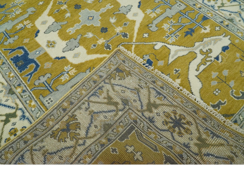 Hand Knotted Mustard, Ivory and Blue Traditional Oriental Oushak 6x9 wool area rug - The Rug Decor