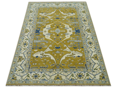 Hand Knotted Mustard, Ivory and Blue Traditional Oriental Oushak 6x9 wool area rug - The Rug Decor