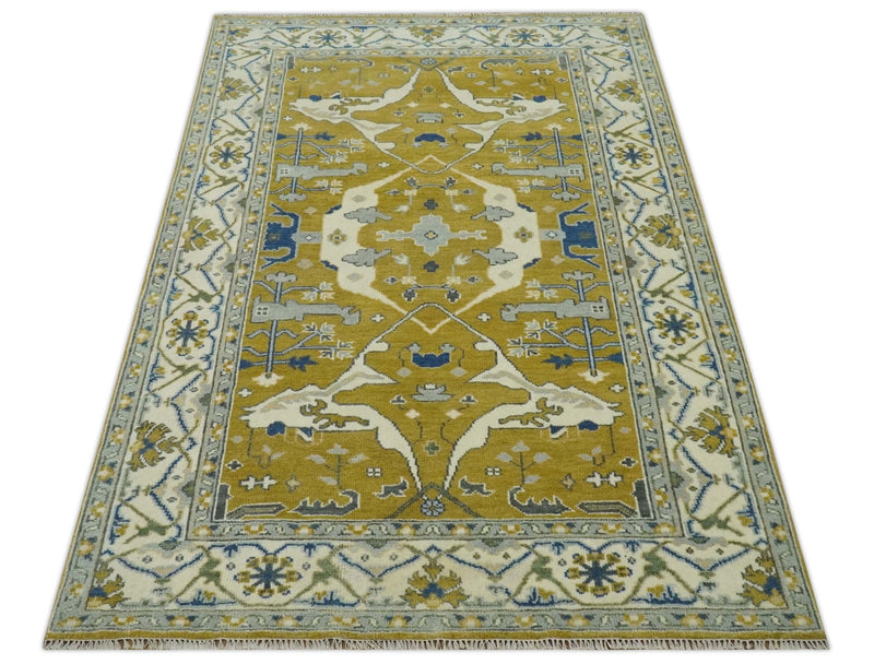 Hand Knotted Mustard, Ivory and Blue Traditional Oriental Oushak 6x9 wool area rug - The Rug Decor