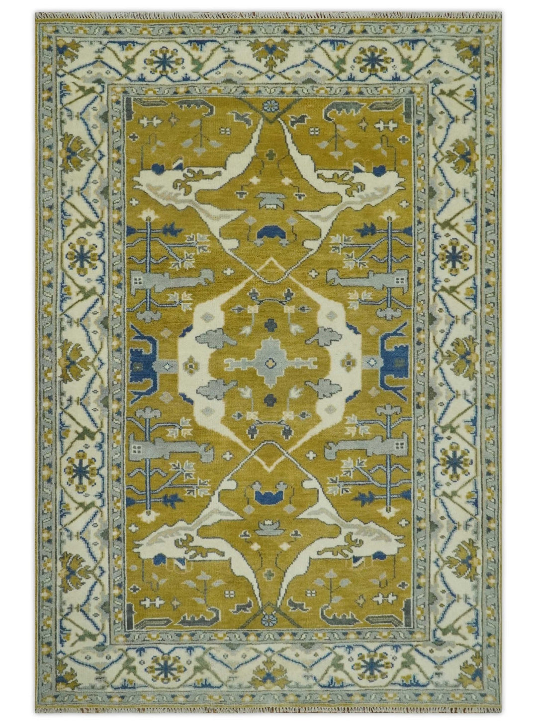 Hand Knotted Mustard, Ivory and Blue Traditional Oriental Oushak 6x9 wool area rug - The Rug Decor