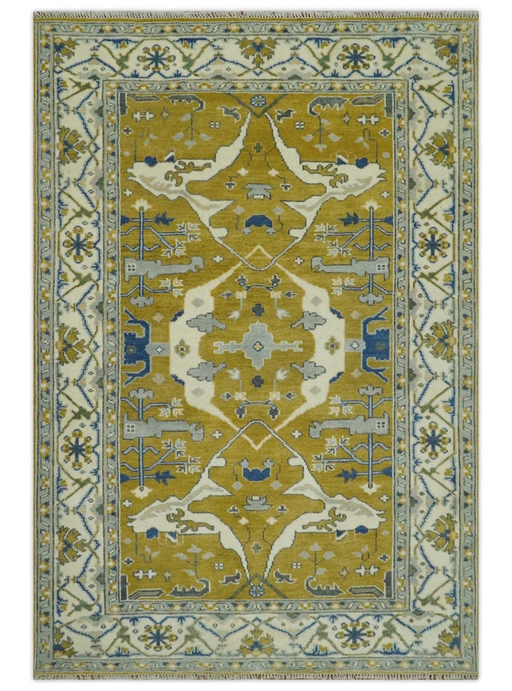 Hand Knotted Mustard, Ivory and Blue Traditional Oriental Oushak 6x9 wool area rug - The Rug Decor
