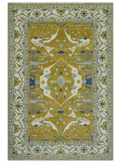 Hand Knotted Mustard, Ivory and Blue Traditional Oriental Oushak 6x9 wool area rug - The Rug Decor