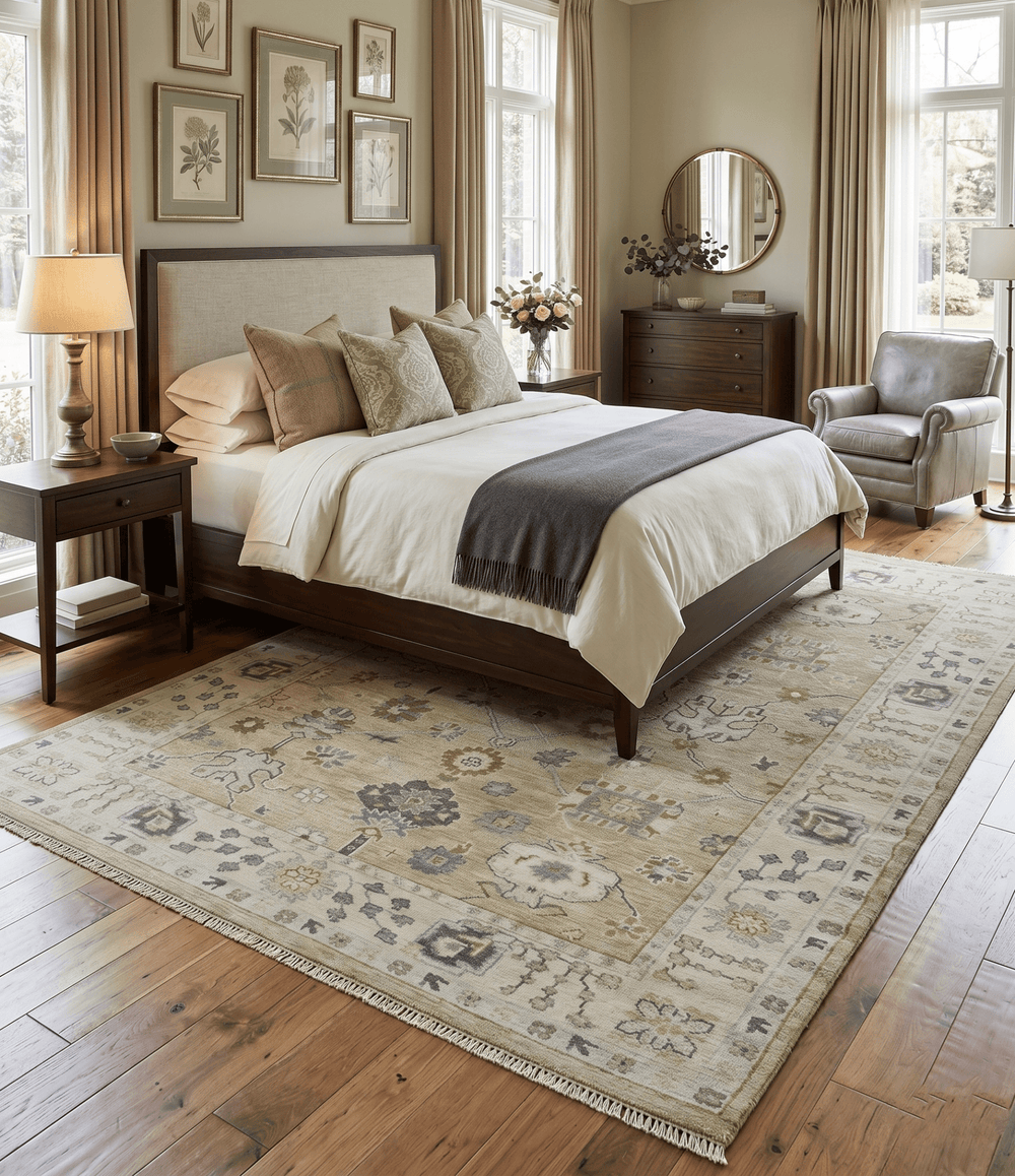 Hand Knotted Olive and Beige Traditional Oushak Multi Size Wool Area Rug - The Rug Decor