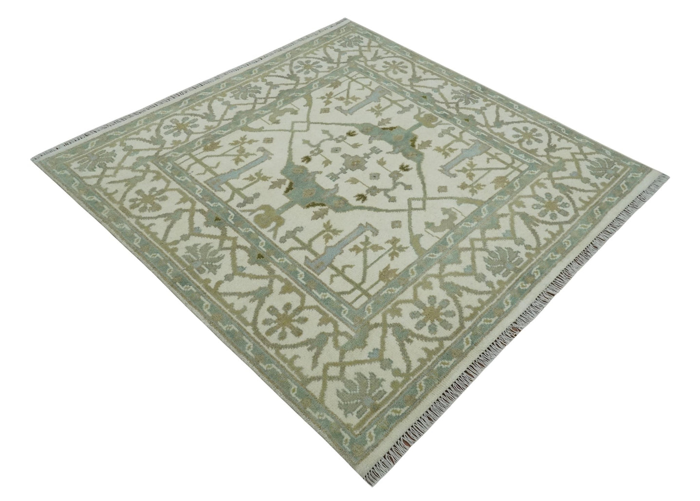 Hand Knotted Oriental Oushak Ivory and Teal Wool Area Rug - The Rug Decor