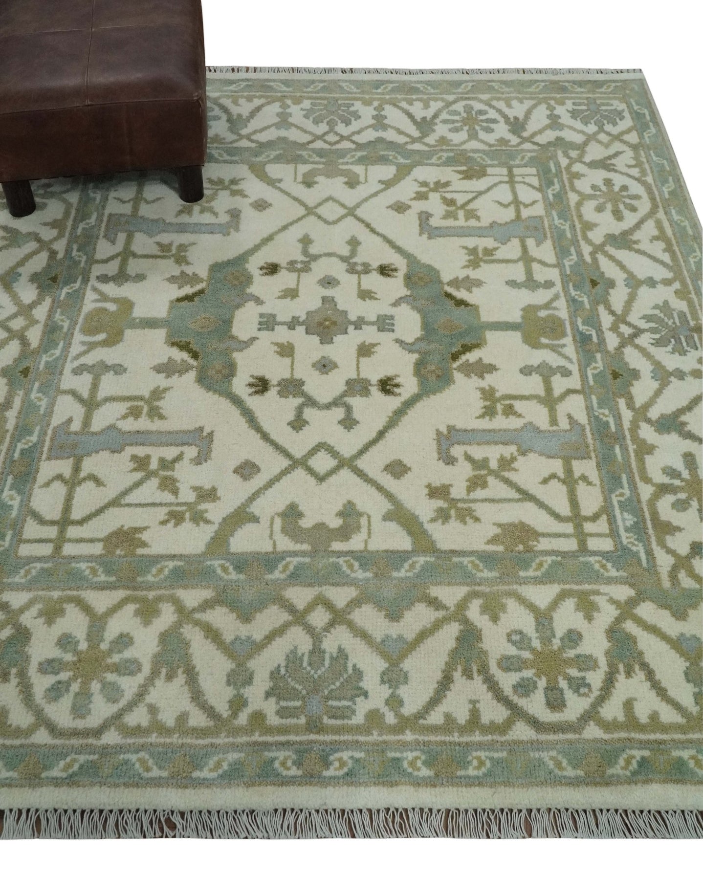 Hand Knotted Oriental Oushak Ivory and Teal Wool Area Rug - The Rug Decor