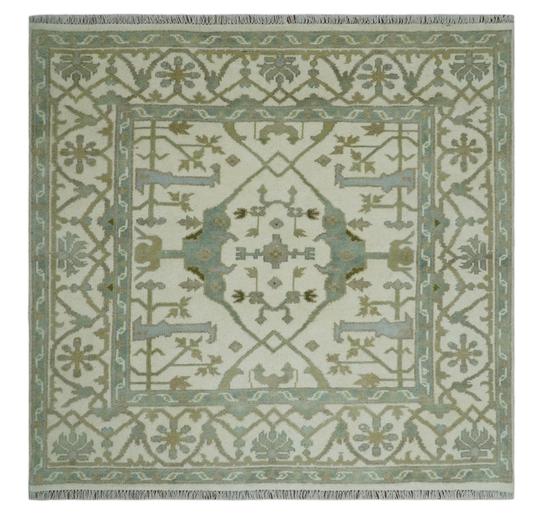 Hand Knotted Oriental Oushak Ivory and Teal Wool Area Rug - The Rug Decor