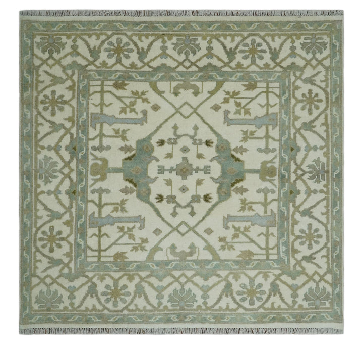 Hand Knotted Oriental Oushak Ivory and Teal Wool Area Rug - The Rug Decor