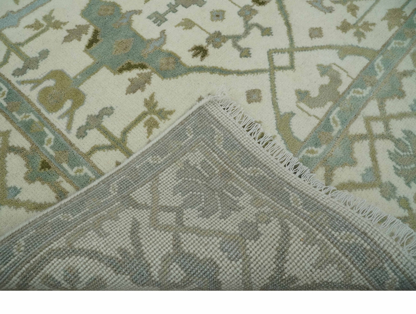 Hand Knotted Oriental Oushak Ivory and Teal Wool Area Rug - The Rug Decor