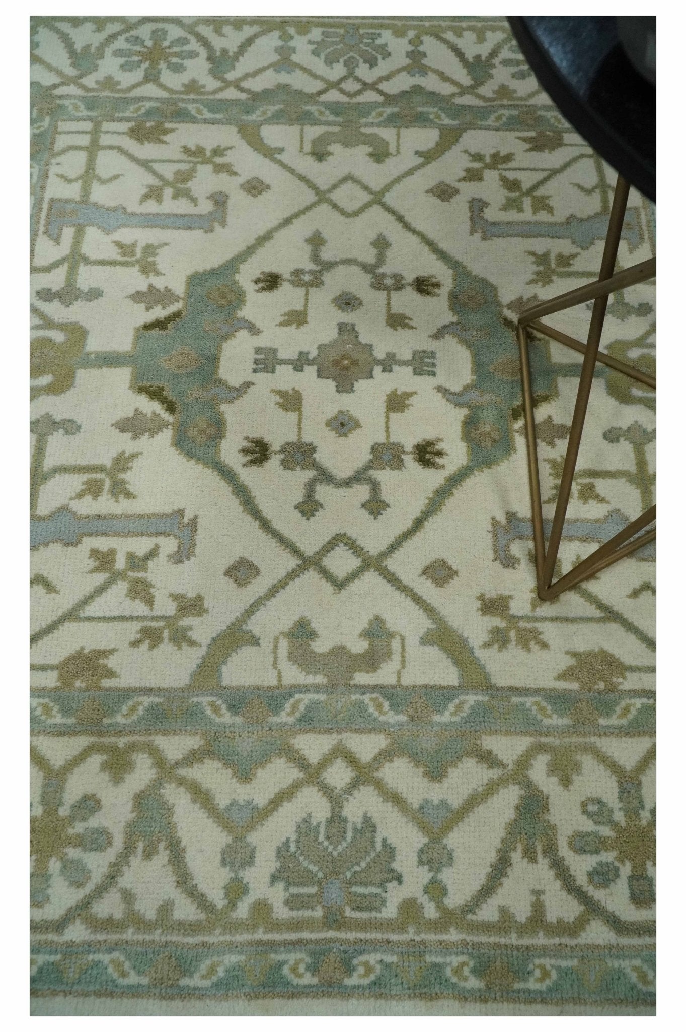 Hand Knotted Oriental Oushak Ivory and Teal Wool Area Rug - The Rug Decor