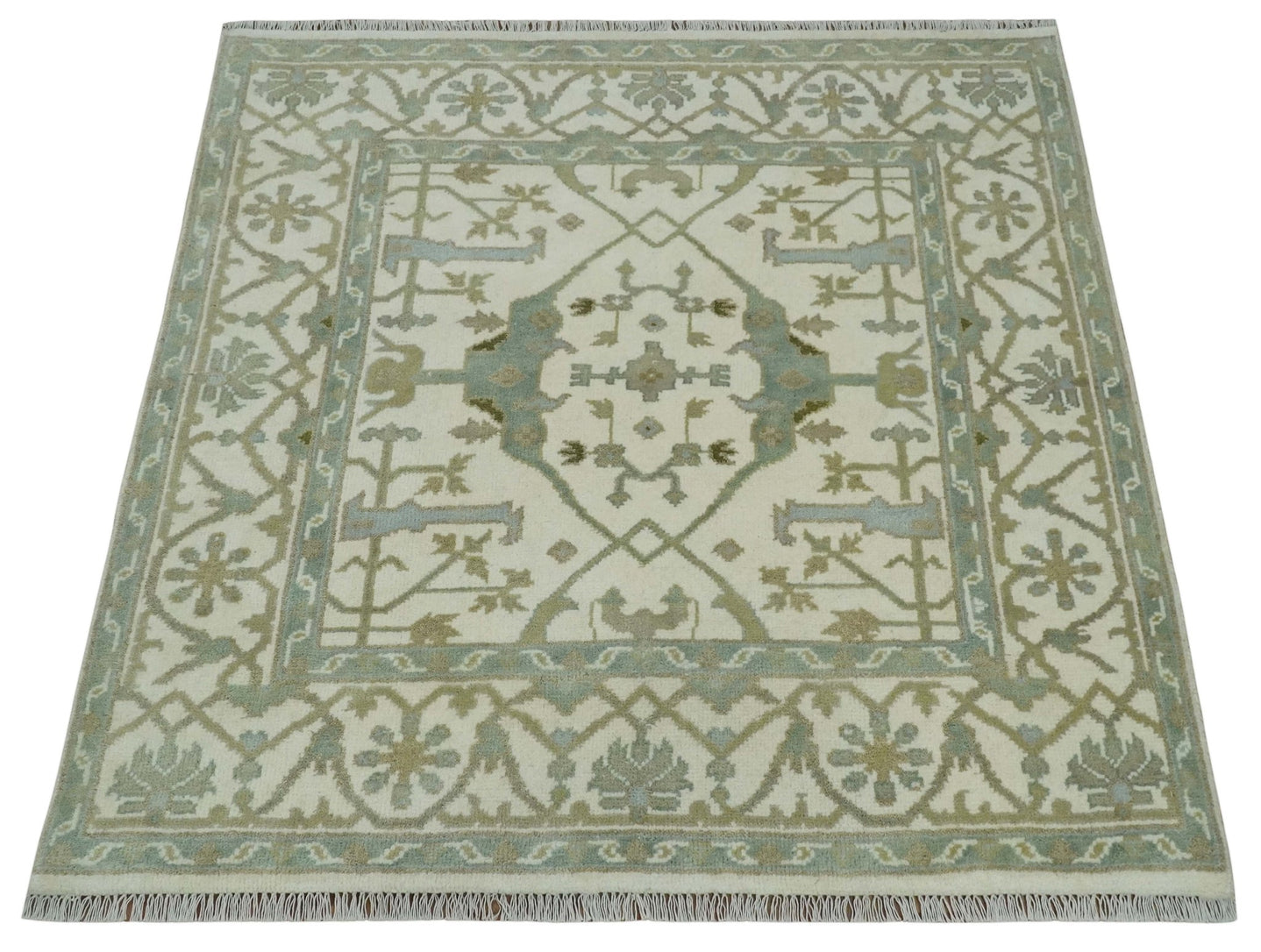 Hand Knotted Oriental Oushak Ivory and Teal Wool Area Rug - The Rug Decor