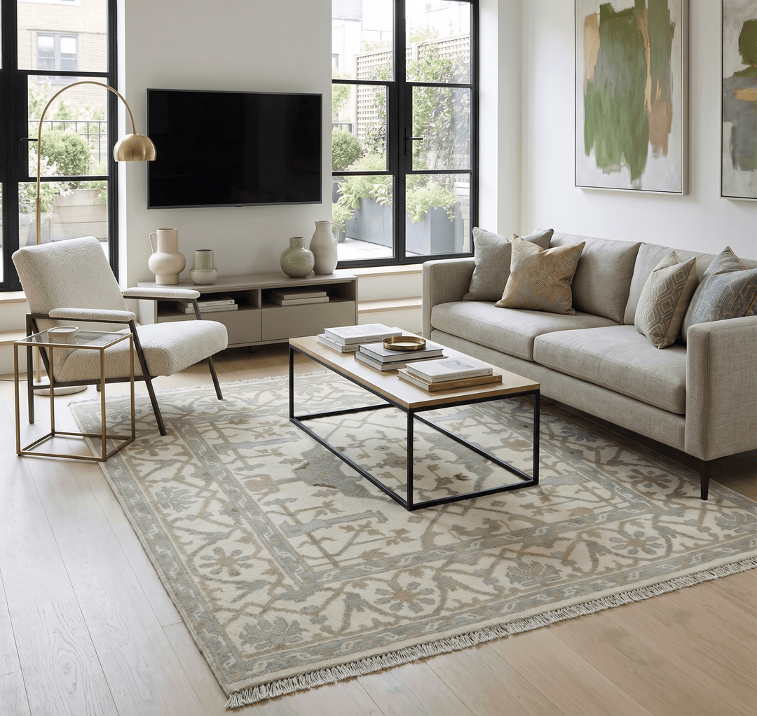 Hand Knotted Oriental Oushak Ivory and Teal Wool Area Rug - The Rug Decor