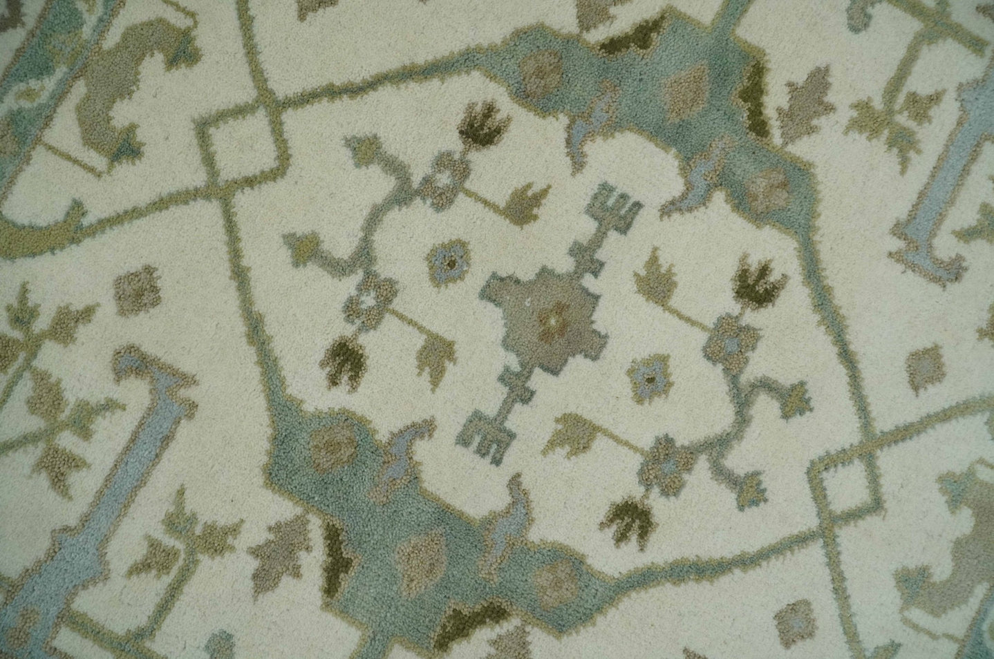 Hand Knotted Oriental Oushak Ivory and Teal Wool Area Rug - The Rug Decor
