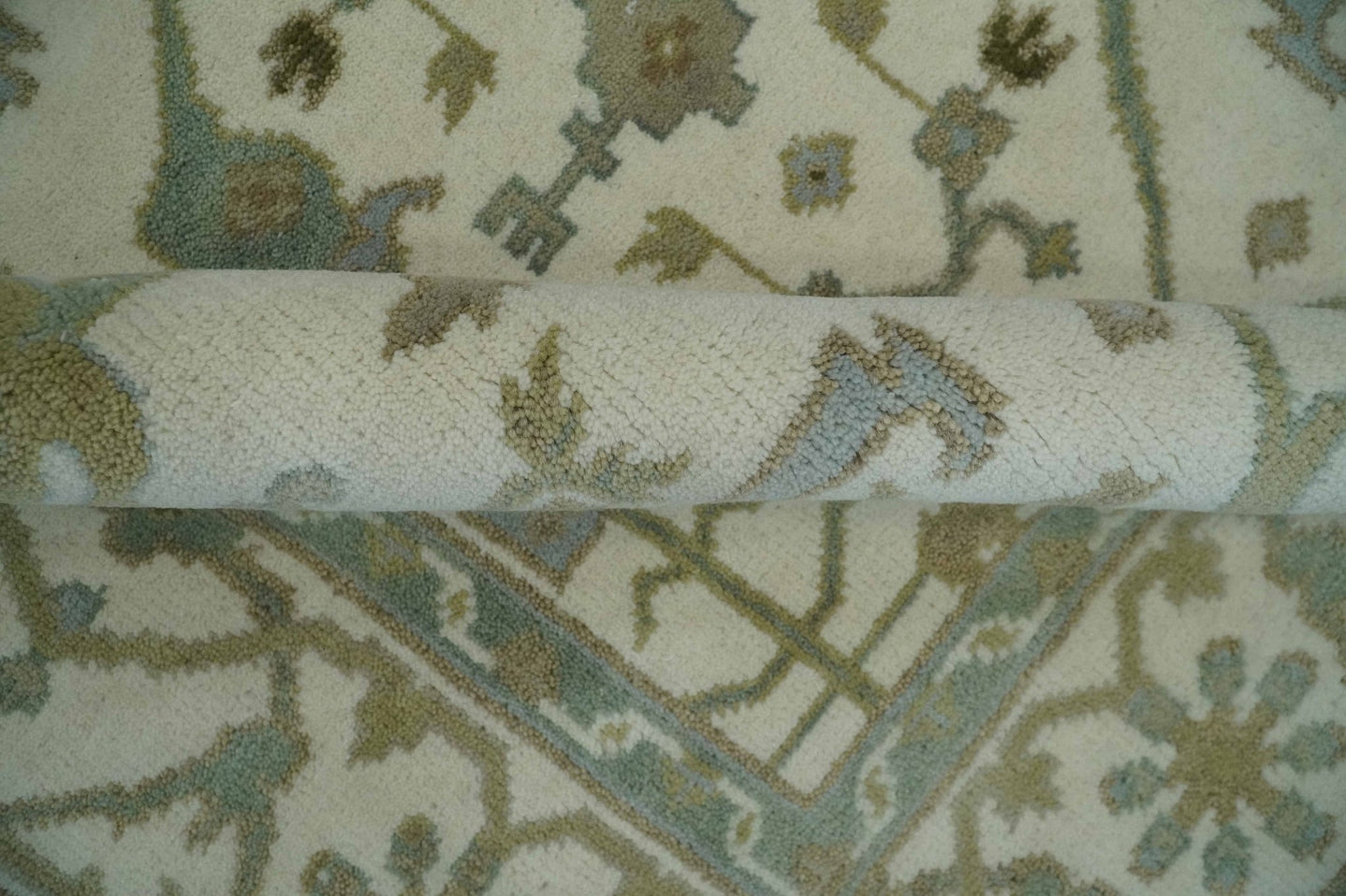 Hand Knotted Oriental Oushak Ivory and Teal Wool Area Rug - The Rug Decor