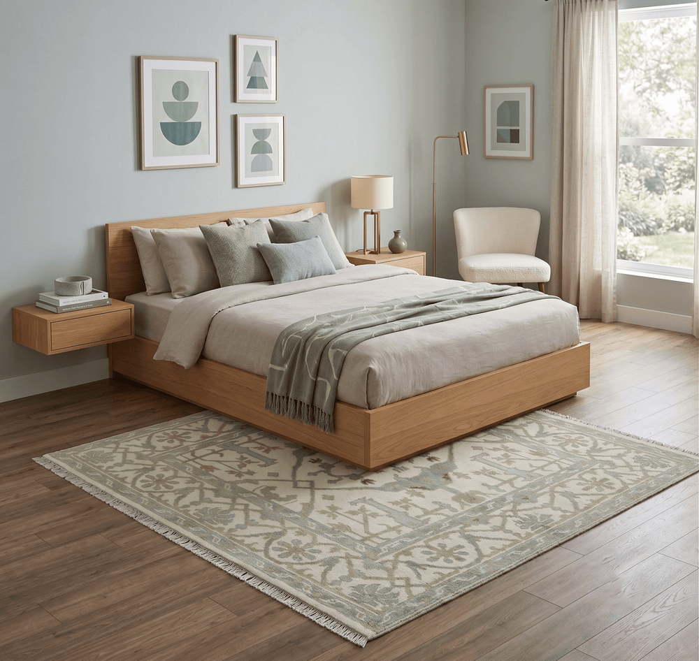 Hand Knotted Oriental Oushak Ivory and Teal Wool Area Rug - The Rug Decor