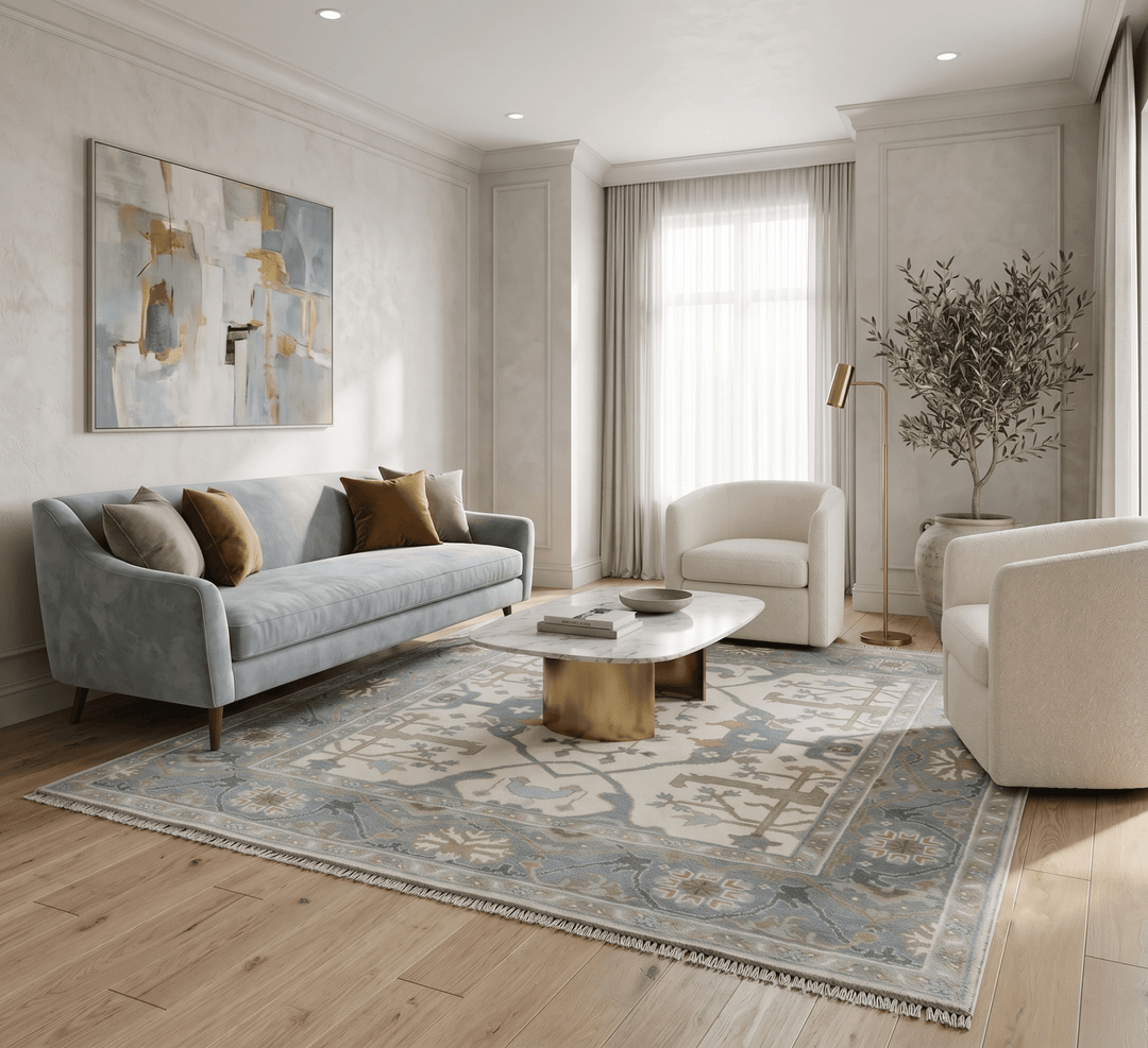Hand Knotted Oriental Oushak Ivory, Charcoal and Beige Wool Area Rug - The Rug Decor