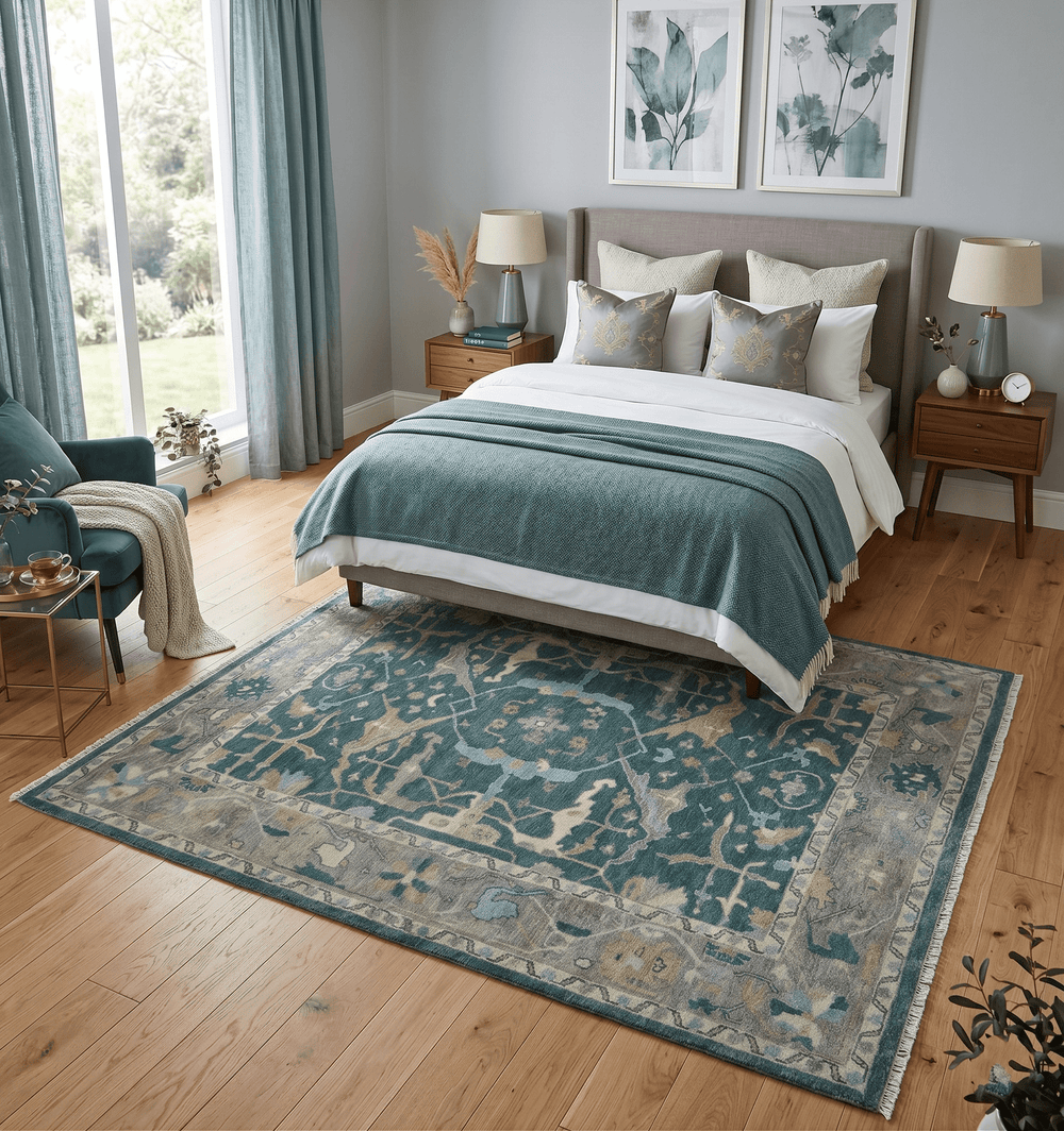 Hand Knotted Oriental Oushak Teal and Beige Multi Size Wool Area Rug - The Rug Decor