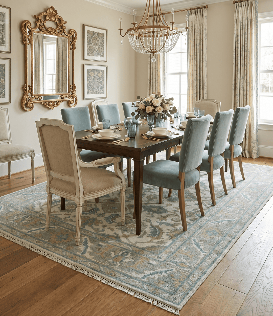 Hand Knotted Oriental Oushak Teal, Ivory and Beige Custom Made Wool Area Rug - The Rug Decor