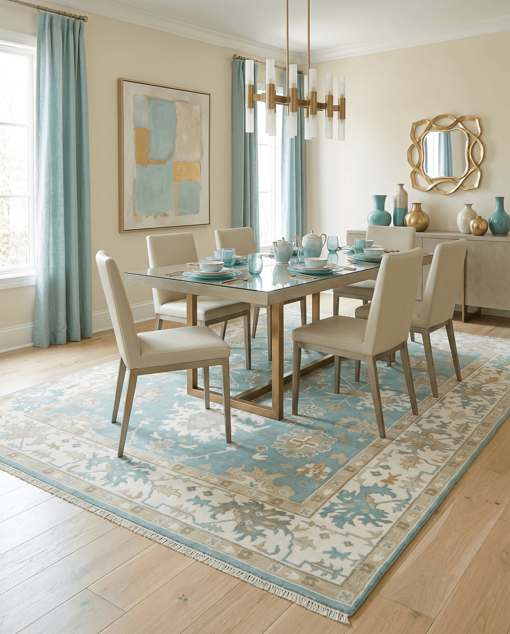 Hand Knotted Oriental Oushak Teal, Ivory and Beige Wool Area Rug - The Rug Decor