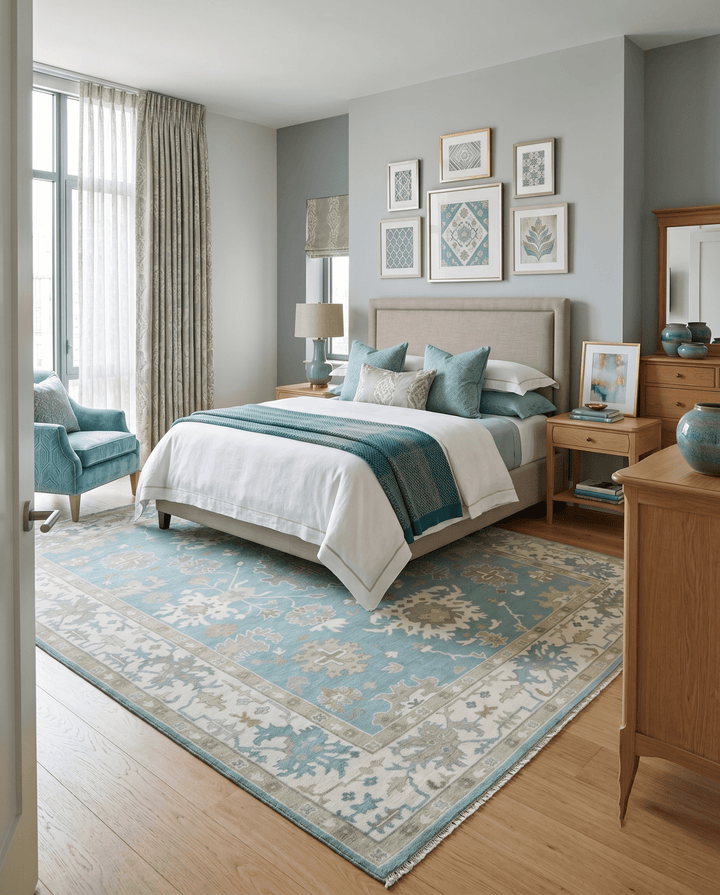 Hand Knotted Oriental Oushak Teal, Ivory and Beige Wool Area Rug - The Rug Decor