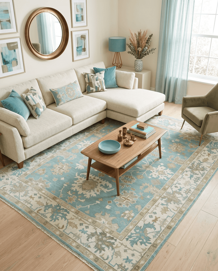 Hand Knotted Oriental Oushak Teal, Ivory and Beige Wool Area Rug - The Rug Decor
