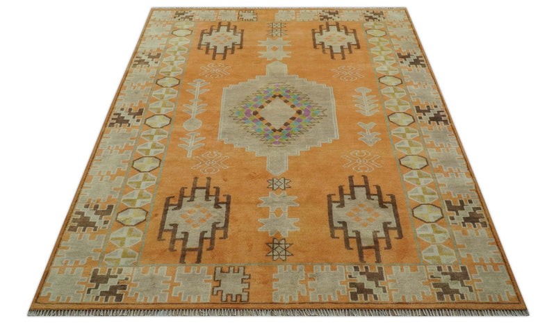 Hand Knotted Peach and Beige Traditional Southwestern 8x10 wool area rug - The Rug Decor