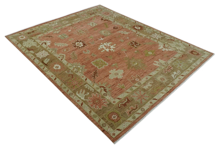 Quick ship 9x12 Hand Knotted Rust, Olive and Ivory Traditional Oushak Wool Rug