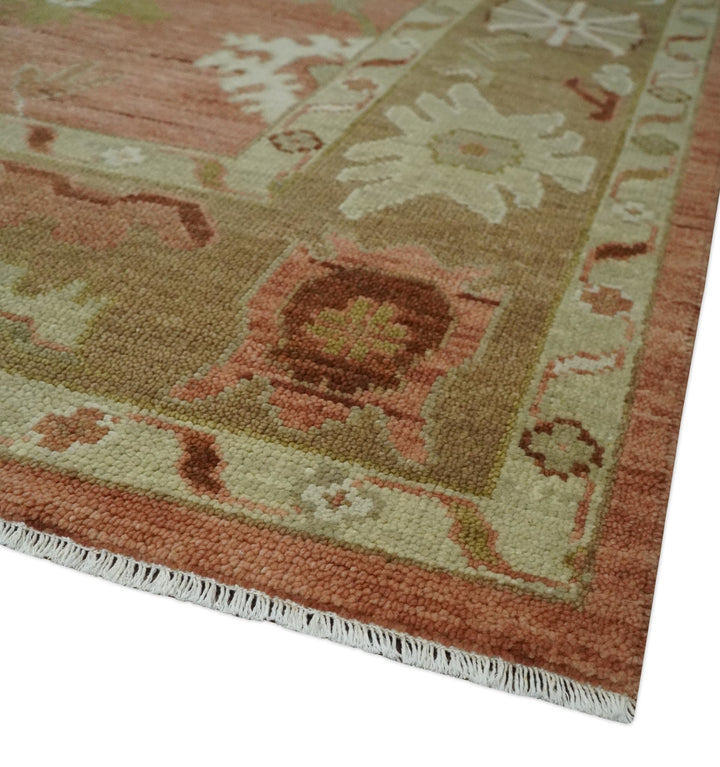 Quick ship 9x12 Hand Knotted Rust, Olive and Ivory Traditional Oushak Wool Rug