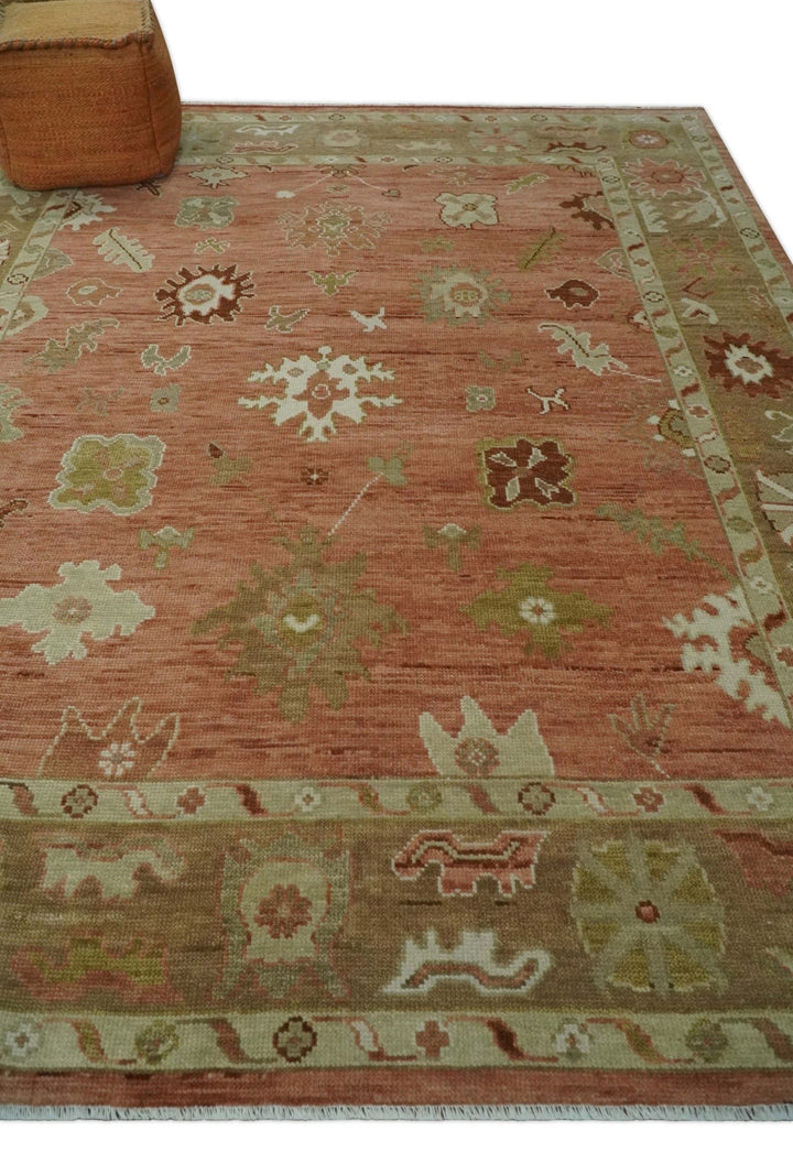 Quick ship 9x12 Hand Knotted Rust, Olive and Ivory Traditional Oushak Wool Rug