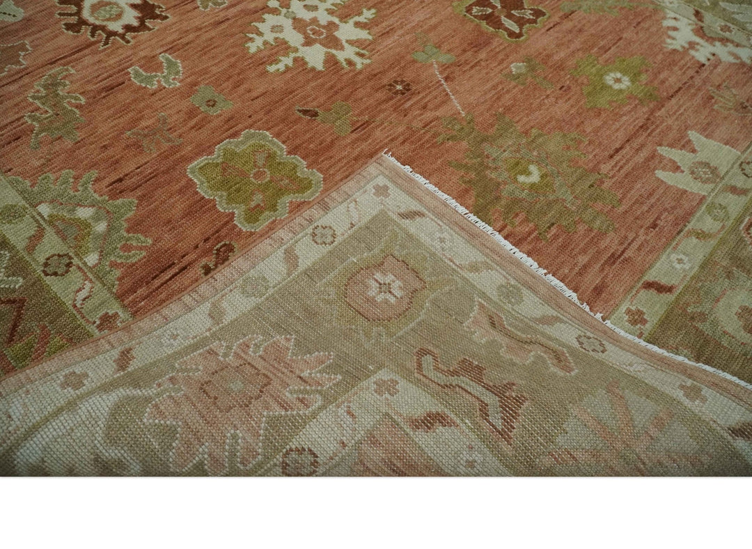 Quick ship 9x12 Hand Knotted Rust, Olive and Ivory Traditional Oushak Wool Rug