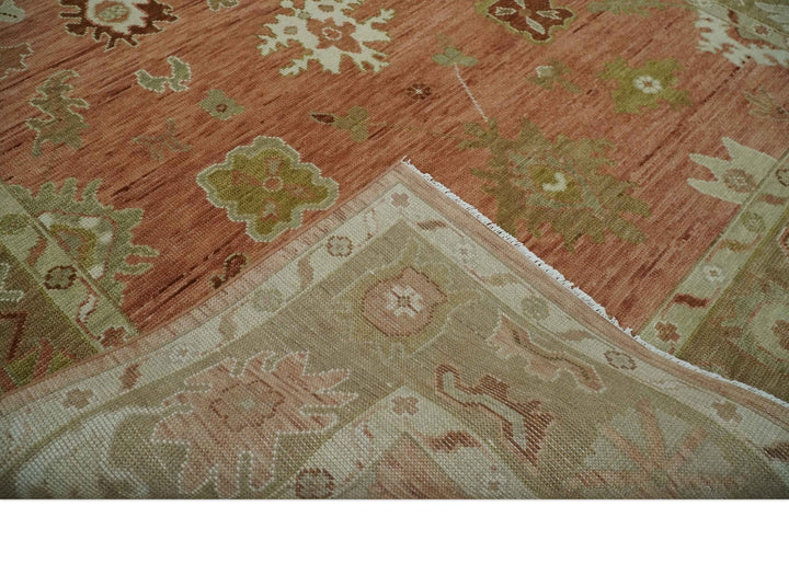 Quick ship 9x12 Hand Knotted Rust, Olive and Ivory Traditional Oushak Wool Rug