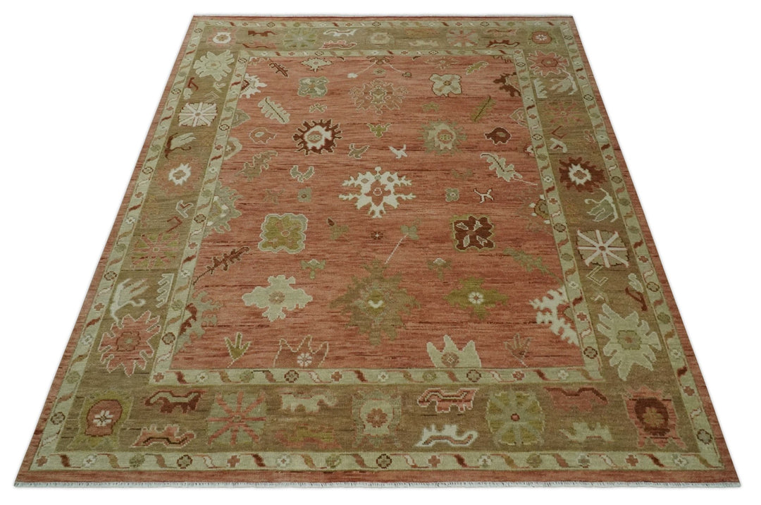 Quick ship 9x12 Hand Knotted Rust, Olive and Ivory Traditional Oushak Wool Rug