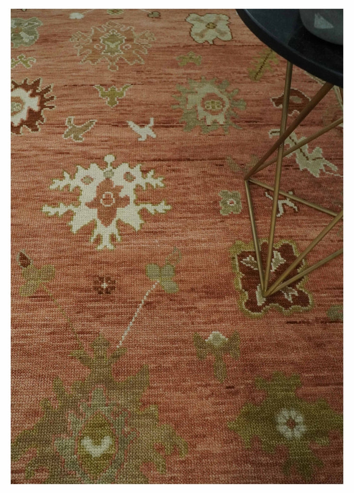 Quick ship 9x12 Hand Knotted Rust, Olive and Ivory Traditional Oushak Wool Rug