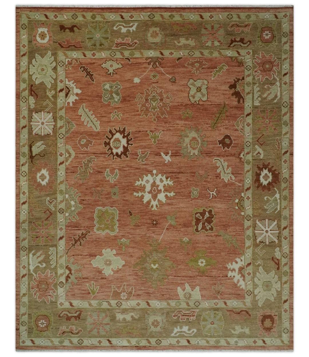 Quick ship 9x12 Hand Knotted Rust, Olive and Ivory Traditional Oushak Wool Rug