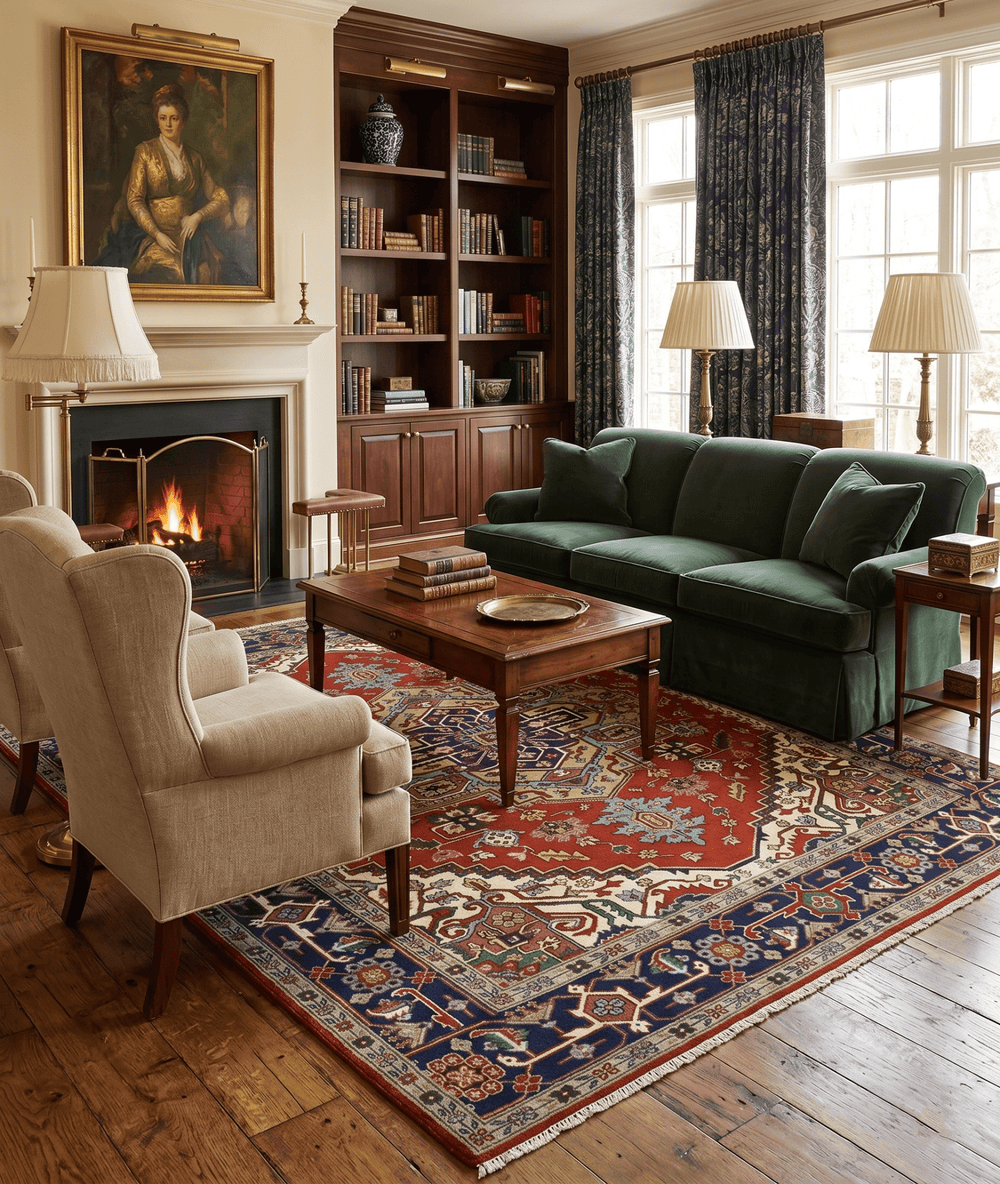 Hand Knotted Red, Ivory and Blue Traditional Heriz Multi size Wool Area Rug - The Rug Decor