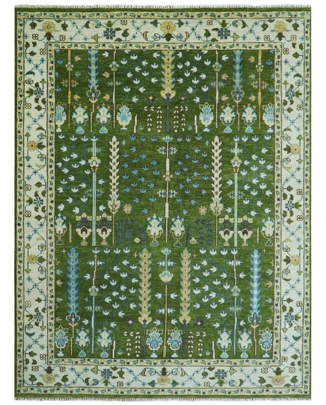 Hand Knotted Royal Green and Ivory Traditional Turkish Style Tree Of Life Multi Size Wool Area Rug - The Rug Decor