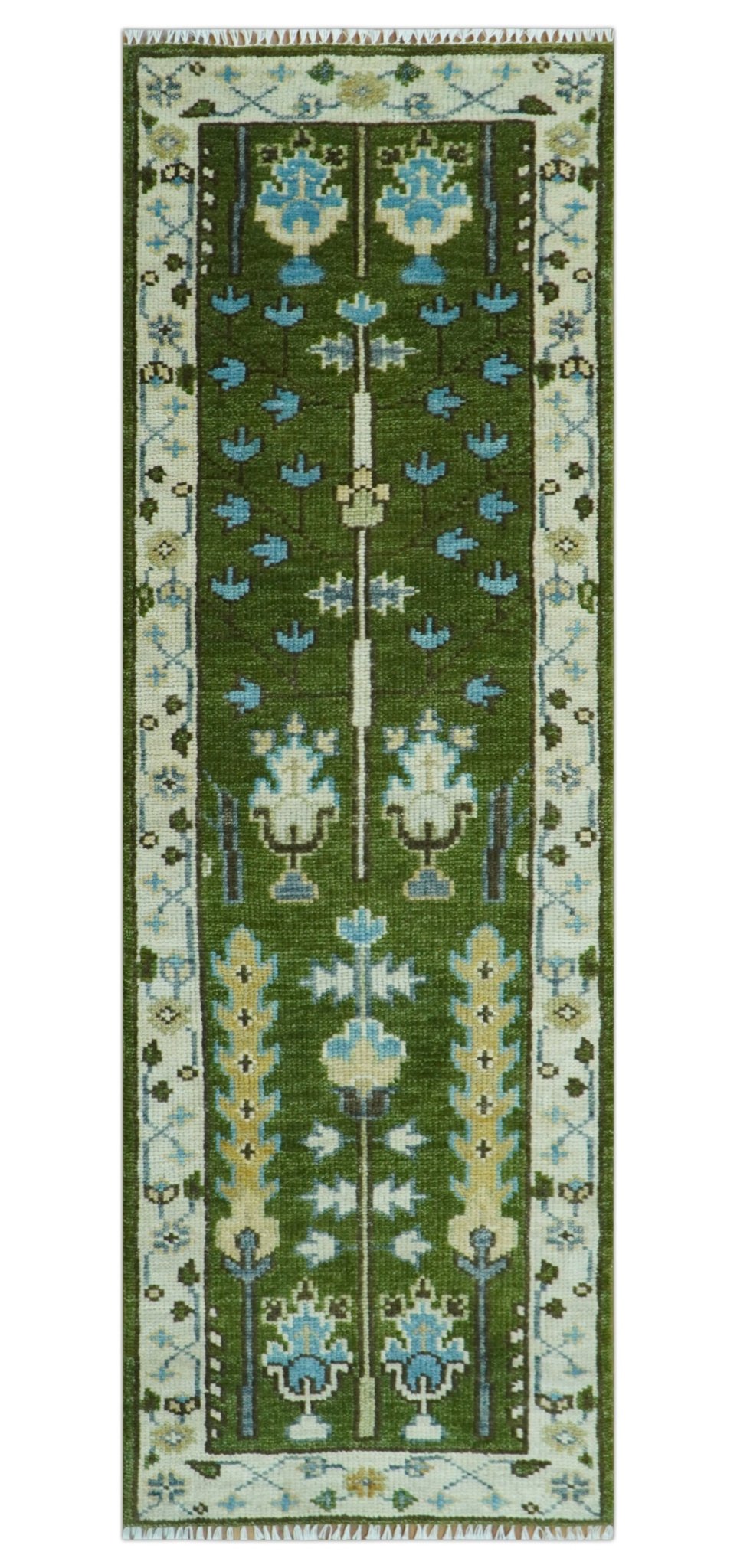 Custom Made Runner Tree of life Green And Ivory Hand Knotted Rug