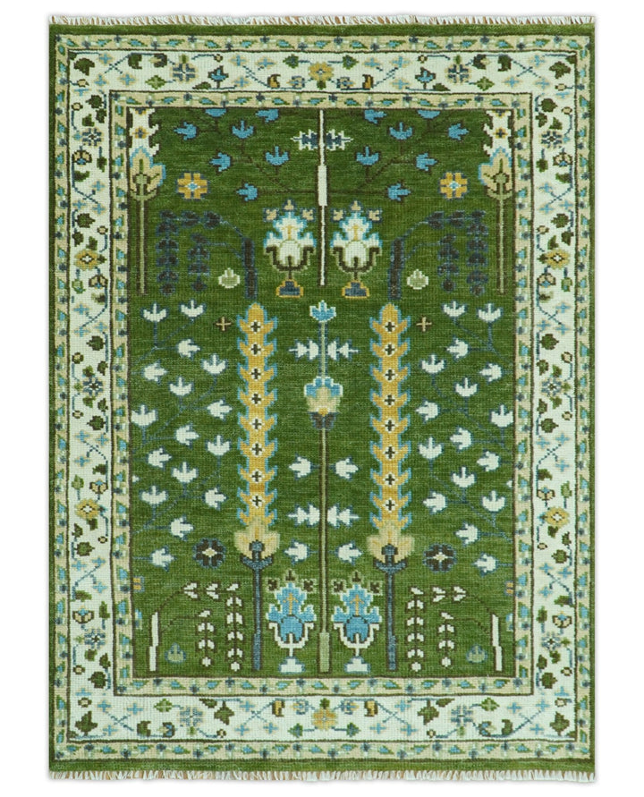 Hand Knotted Royal Green and Ivory Traditional Turkish Style Tree Of Life Multi Size Wool Area Rug - The Rug Decor