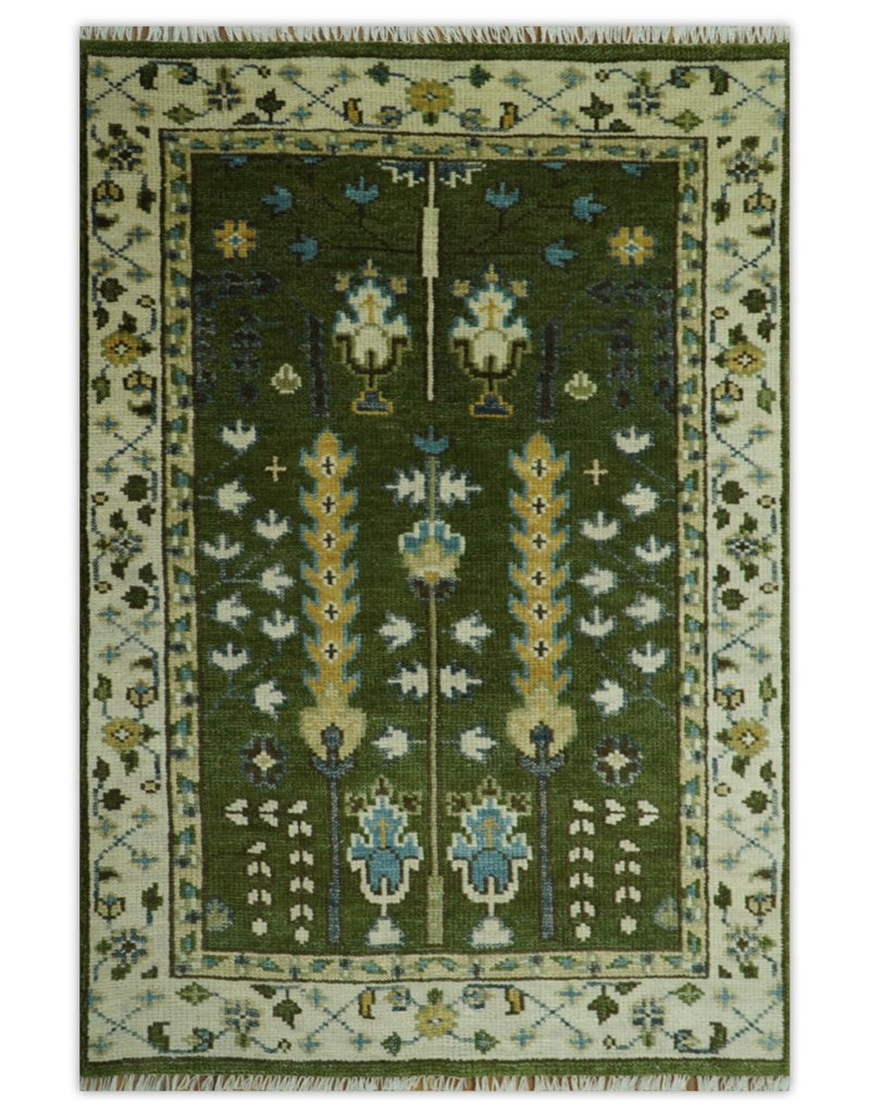 Hand Knotted Royal Green and Ivory Traditional Turkish Style Tree Of Life Multi Size Wool Area Rug - The Rug Decor