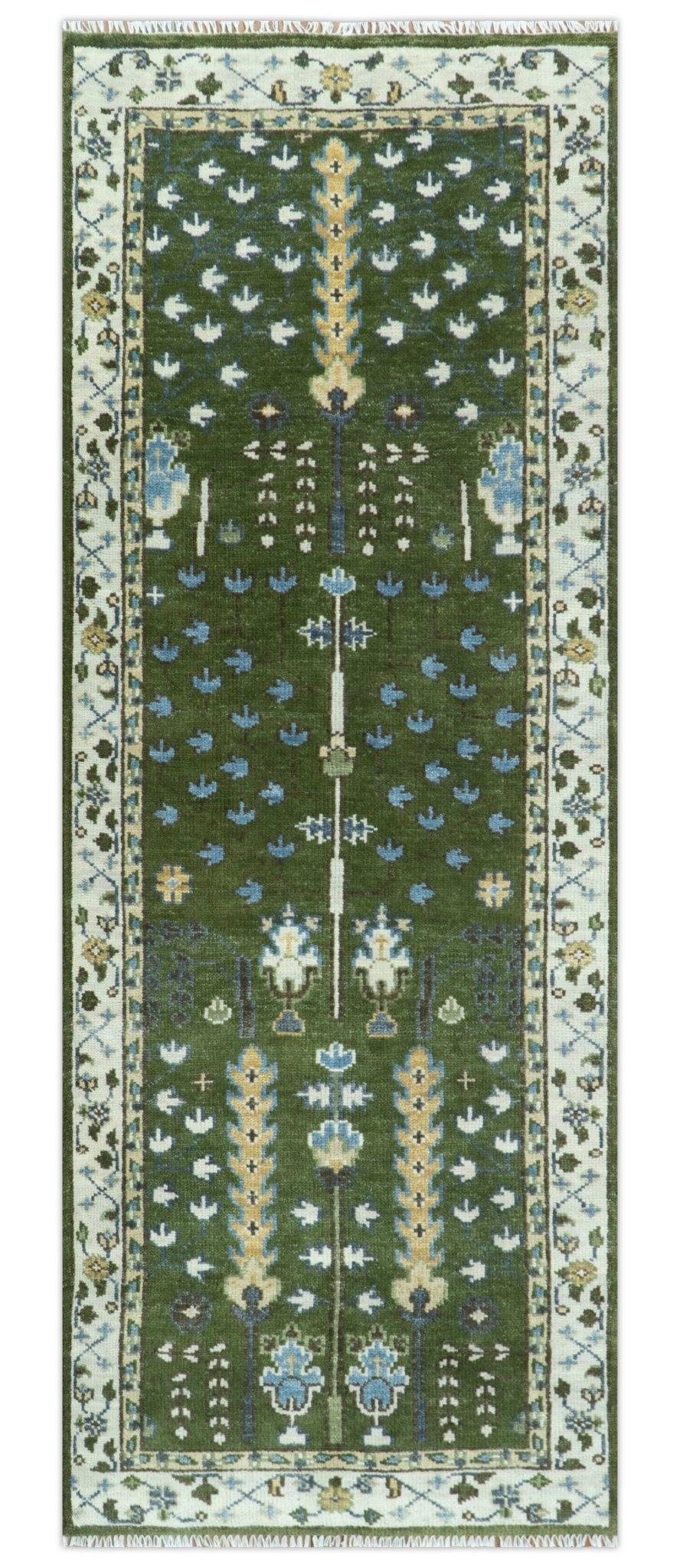 Hand Knotted Royal Green and Ivory Traditional Turkish Style Tree Of Life Multi Size Wool Area Rug - The Rug Decor