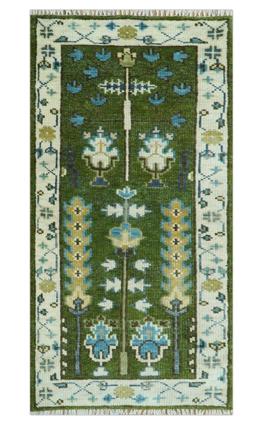 Custom Made Runner Tree of life Green And Ivory Hand Knotted Rug